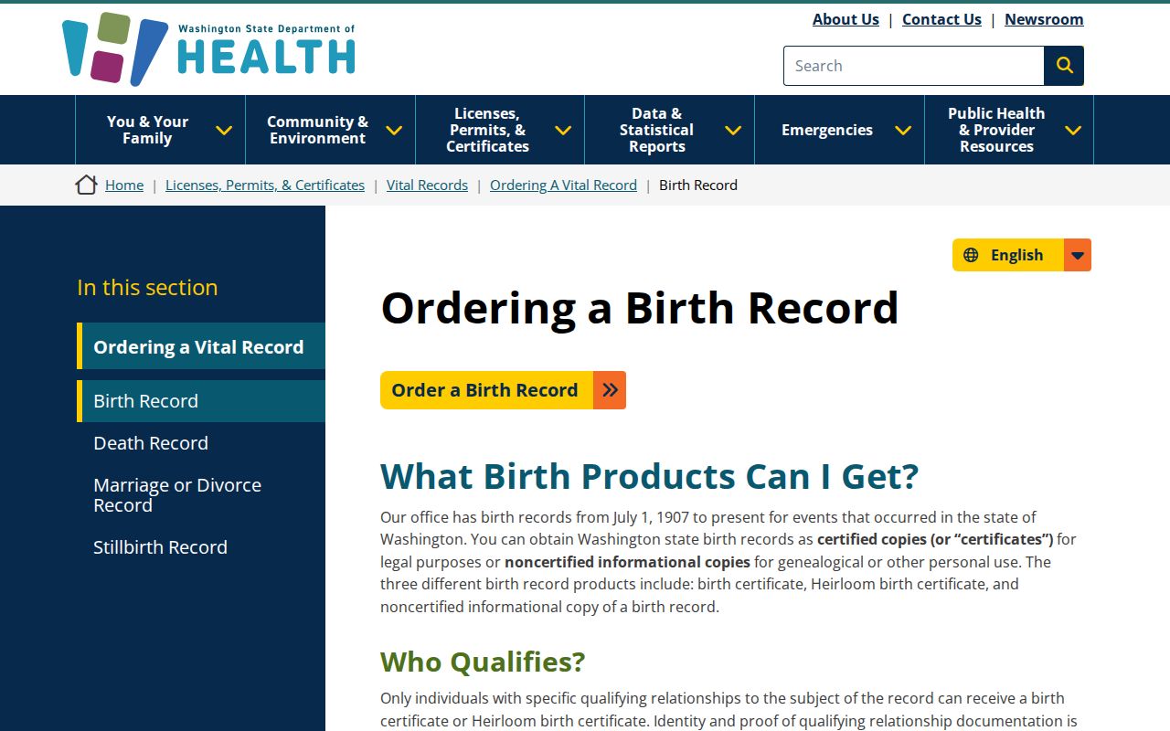 Washington birth application for Edmonds public records orders
